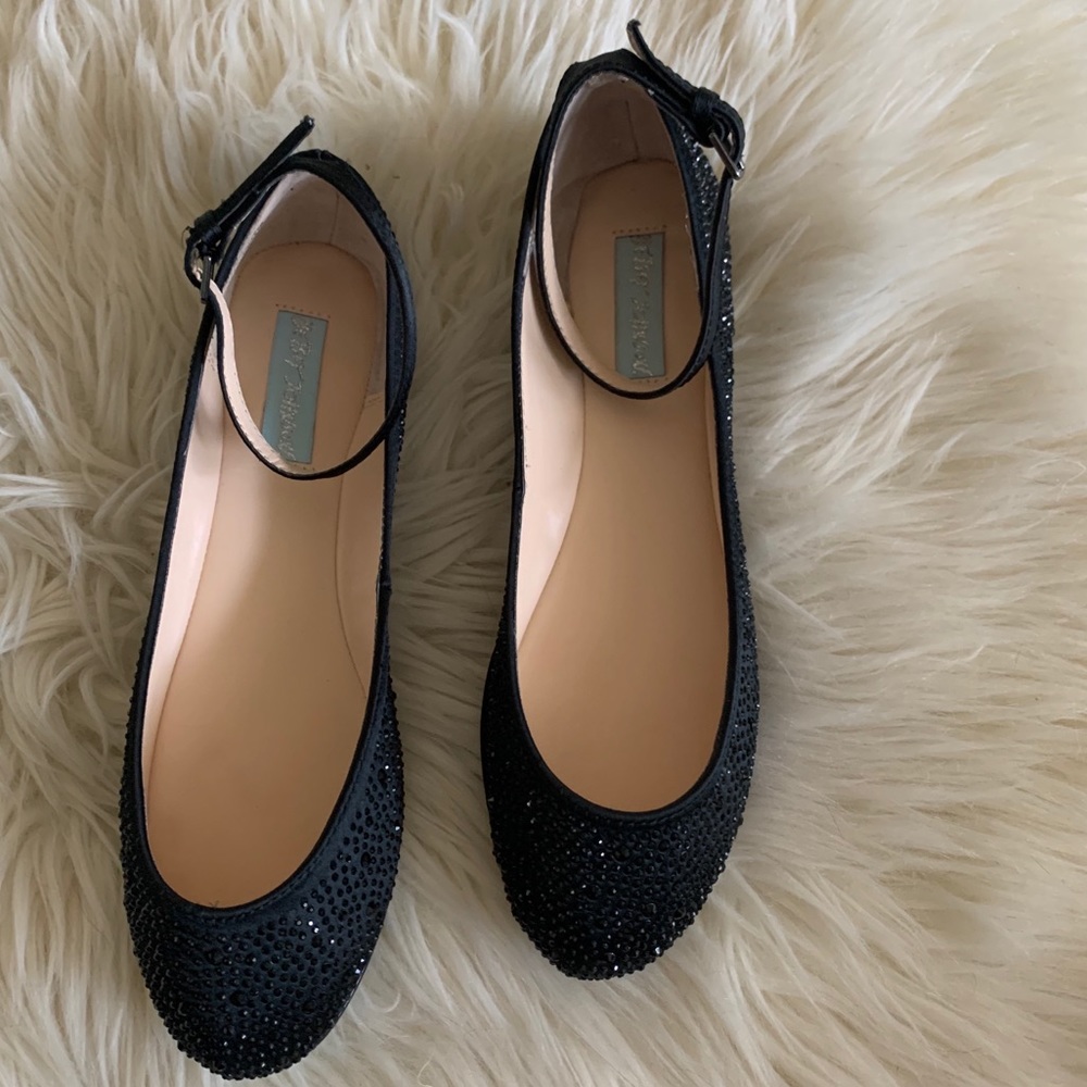 “Joy” Black Sparkly Rhinestone Satin Strappy Flats